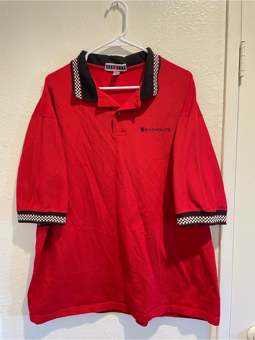 Vtg 90s Jerzees Red Checkered Racing Polo Shirt Mens 2XL Econolite Oversized 🏁